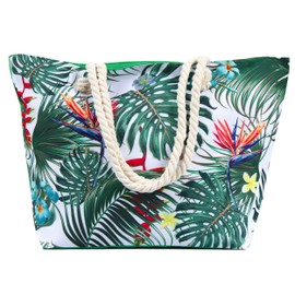 Leisureland Large Beach Tote Bag, Top Zipper Boat Bag (Bird of Paradise)