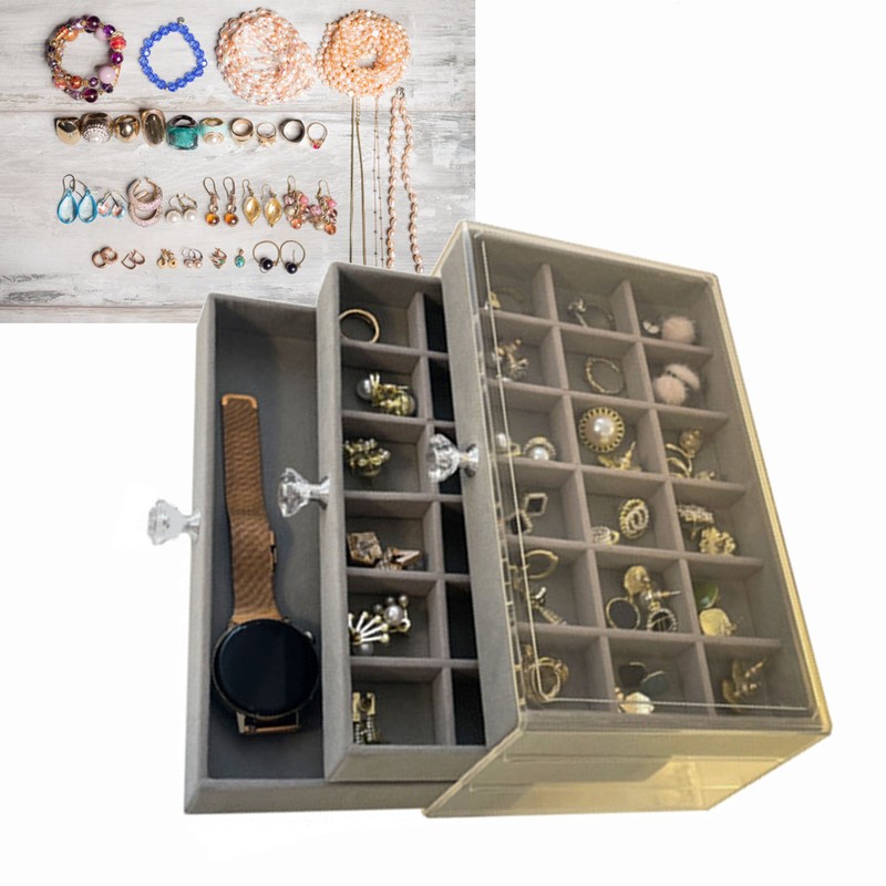 3 Tiers Jewelry Organizer Box Transparent Acrylic Velvet Lined Multi