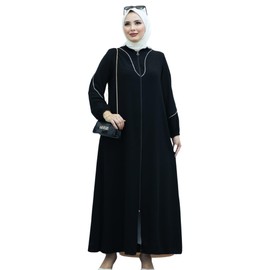 Abaya for Muslim Women | Plus-Size Long Zip-Up Hijab Abaya with Piping on Chest and Sleeves | Islamic Women's Clothing (US, Alpha, 3X-Large, Regular, Regular, Black)