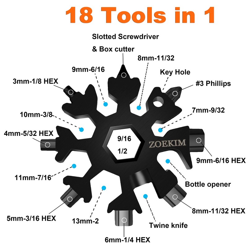 ZOEKIM 18-in-1 Snowflake Multitool, Stainless Steel Snowflakes Multitool Keychain, Combination