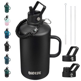 BJPKPK 1 Gallon Water Bottle Insulated with Straw Lid, 50oz, 64oz, 87oz, 128oz Large, Stainless Steel Water Bottles with 3 Lids and Paracord Strap, Double Wall Vacuum Metal Water Jug,Black