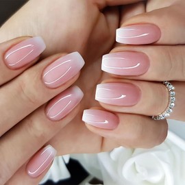 Ombre French False Nails Medium Coffin, SXVME French Press on Nails Short Medium, Gradient Pink Fake Nails Short, Elegant Ombre Pink Nails Press on, Ballerina Gel Stick on Nails for Women Daily Wear