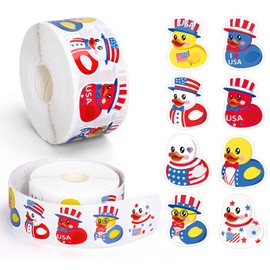 Whaline 1000Pcs Patriotic Rubber Duck Roll Stickers 4th of July Cartoon USA Duck Adhesive Sticker Decorative Label Decals for Independence Day Birthday Party Supplies