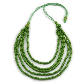 Avalaya Lime Green Multistrand Layered Wood Bead with Cotton Cord Necklace - 90cm Max length- Adjustable