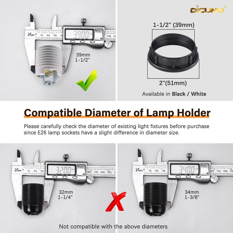 DiCUNO E26 Lamp Shade Rings, White Light Socket Shade Ring,