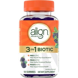 Align Probiotic, 3-in-1 Biotic Gummies, Prebiotic + Probiotic + Postbiotic, #1 Doctor Recommended Probiotic Brand‡, Helps Relieve Occasional Bloating*, BlackBerry Flavor, 50 Gummies