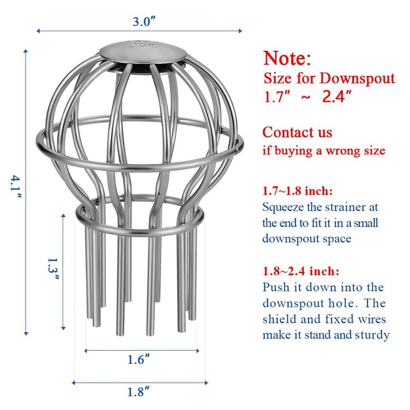 Gutter Guard, Fits for 1.7" ~ 2.4" Round Downspout, 304
