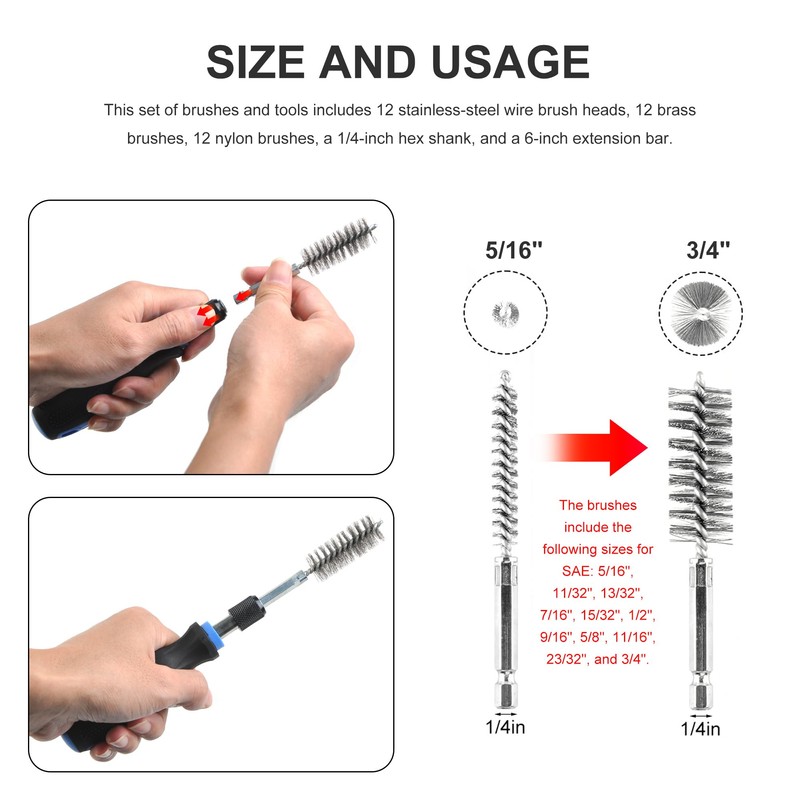 38pc 1/4" Hex Shank Long Industrial Wire Brush Set