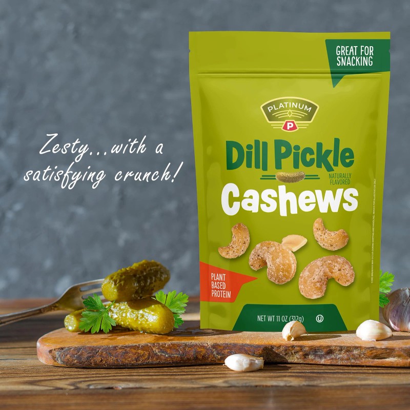 Platinum Dill Pickle Cashews 11 oz Resealable Snack High Protein