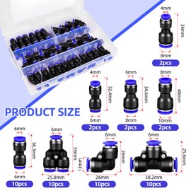 AOOWU 48-Piece 6 mm Pneumatic Quick Push-in Connection Kit for Air Hoses, Hose OD Push to Connect Air Control Ball Valve Pneumatic Valve Union (18 x Straight/10 x Angle/10 x T/10 x Splitter)