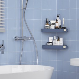 Sotfamily Pack of 2 Plastic Shower Shelves No Drilling Shower Shelf Shower Basket Comes with a Small Round Hook Shower Baskets Wall Mounted for Kitchens and Bathrooms, Navy Blue