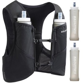 Build & Fitness LITEVEST Running Vest with 2 x 500 ml Soft Flasks - 7 Pockets, Lightweight, Breathable Hydration Vest - Premium, Safe, Comfortable and Stylish for Training, Trails, Marathons and