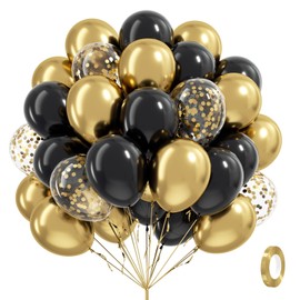 Black and Gold Balloons, 60pcs 12inch Black Metallic Gold Confetti Balloons for Graduation 2025 Anniversary Birthday Party Decorations