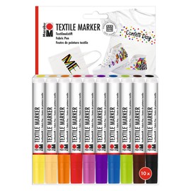 Marabu Textile Markers, Set of 10 Textile Pens for Light Fabrics, Fabric Colouring Pens with 3 mm Tip, Strong Water-Based Colours, Vegan, Machine Washable up to 60 °C After Fixation, 0115000000200