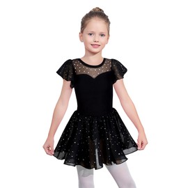 EQSJIU Elegant Black Kids Leotards Gymnastics Toddler Shiny Skirt and Sleeves Dance Leotards Criss-Cross Back Design 7-8 Years