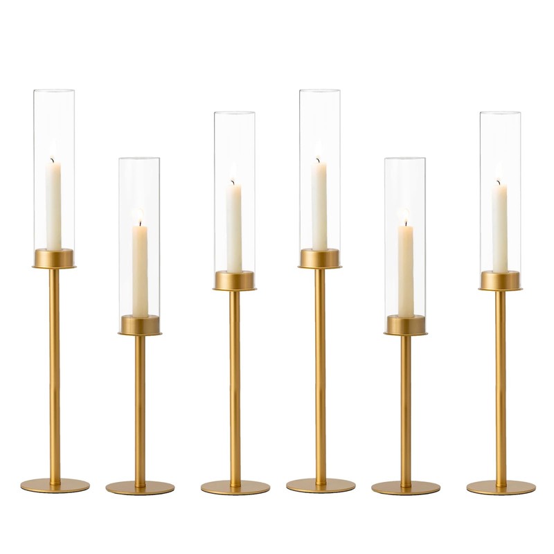 Hewory Gold Tall Hurricane Candlestick Holders: 6Pcs Brass Taper Candle