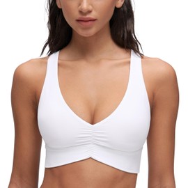 CRZ YOGA Butterluxe Ruched Longline Sports Bras for Women - V Neck Padded Yoga Tank Wide Straps Cross Back Crop Tops White Large