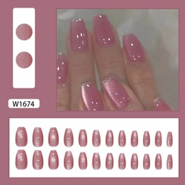 Tyuimhx Pink Cat Eye Press on Nails Medium Coffin Fake Nails Glossy False Nails With Glitter Designs Full Cover Stick on Nails Reusable Acrylic Artificial Nails for Women Glue on Nails 24 Pcs