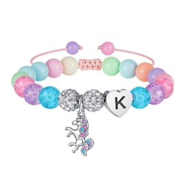 Hidepoo Unicorn Gifts - Adjustable Acrylic Beads and Rhinestone Balls Bracelet Heart Initial K Unicorn Bracelets Unicorn Jewelry Unicorn Gifts Rainbow CZ Letter Unicorn Birthday Gifts Christmas Gifts