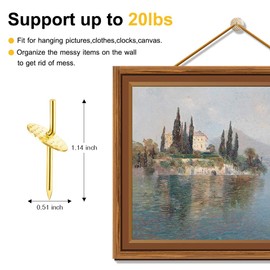 60pcs Picture Hangers, 20lbs Assorted One Step Hangers, Iron Alloy Nail Hooks, Professional Plaster Picture Hanging Kit on Wooden/Drywall Hanging Hardware for Clock,Mirror,Jewelry Golden