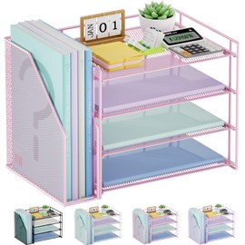 Marbrasse Desk Organizer and Accessories，4-Tier Paper Letter Tray Organizer with File Holder，Desk Accessories & Workspace Desktop Organizers for School Home Office Supplies (Pink)