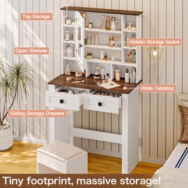 SANYOAC Farmhouse Vanity Desk with Mirror and Lights, Makeup Vanity Desk for Women Girls