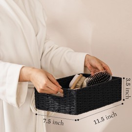 UBBCARE 2 Pack Wicker Basket, 11.5L×7.5H×3.5W inch Woven Paper Rope Storage Baskets for shelves, Foldable Rectangular Storage Baskets with Handle, Storage Basket for Organizing, Black