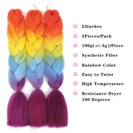 Colored Braiding Hair For Braiding 3Packs 24inch Rainbow Braiding Hair Synthetic Crochet Braids Twist Ombre Jumbo Braiding Hair Extensions(Rainbow Color,3Pcs)
