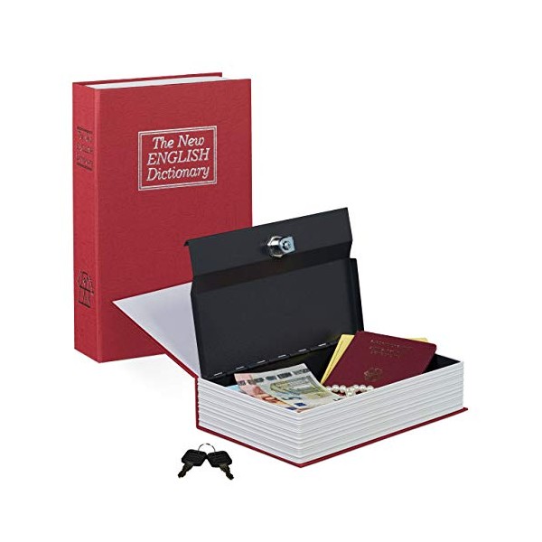 Relaxdays Safe Steel Locking Compartment in Book Shape with 2 Keys, Red, 5.5 x 15.5 x 24 cm