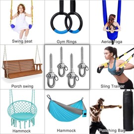 SELEWARE 4 Ceiling Hooks Heavy Duty Swing Hook Wooden Beam - 304 Stainless Steel Swing Hanger Punch Bag Holder 360 Degree Rotating Swing Hook with Carabiner Ceiling Mount Sandbags Hanging Chair