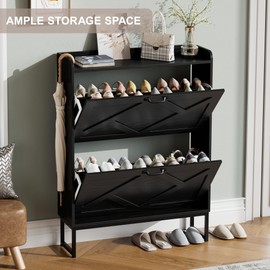 Nicetree Shoe Storage Cabinet with 2 Flip Drawers, Freestanding Shoe Organizer, Shoe Cabinet with Metal Legs, Narrow Shoe Rack Cabinet, Farmhouse Slim Shoe Cabinet for Entryway, Foyer, Hallway, Black