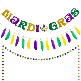 Mardi Gras Party Decorations Set, Glitter Mardi Gras Banner with Hanging Feathers Banner- NO-DIY Masquerade Party Decorations Garland for Indoor/Outdoor Celebrations, Office, and Home Decor Supplies