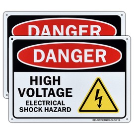 Danger High Voltage Sign, 2 Pack Electrical Shock Hazard Sign- 10x7 Inches Aluminum Warning Sign for Indoor or Outdoor Use- Reflective UV Protected and Weatherproof