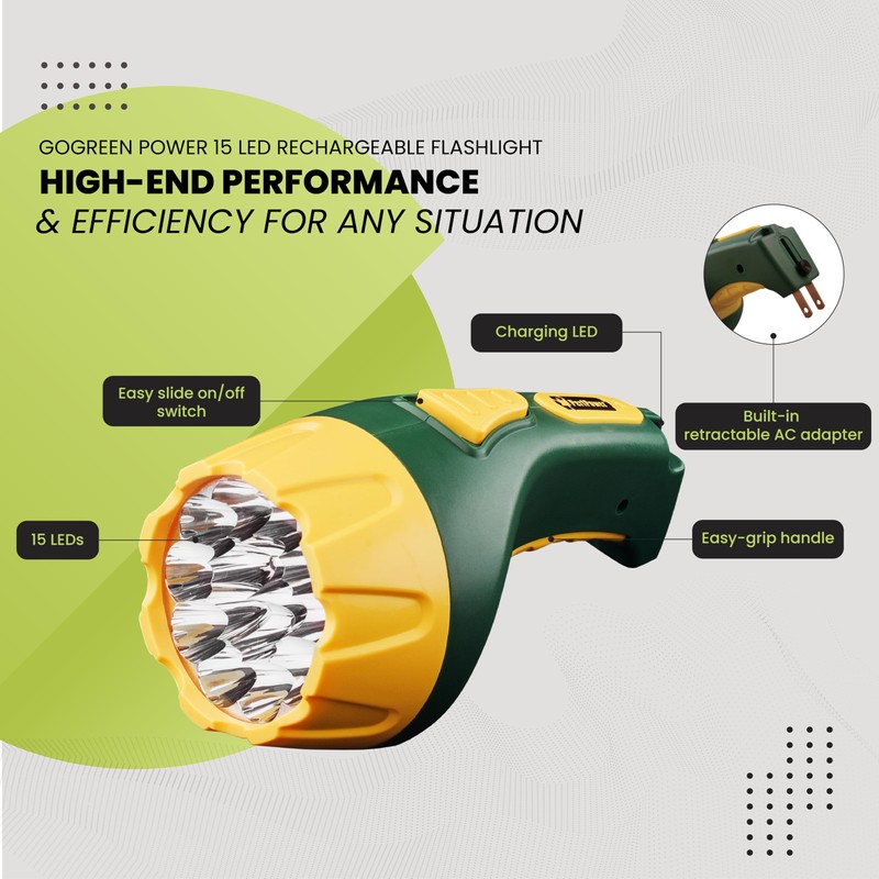 GoGreen Power (GG-113-15RC) 15 LED Rechargeable Flashlight, Water Resistant Flashlight