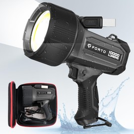 FORTO Rechargeable Spotlight 10000 Lumen Ultra Bright IPX7 Waterproof Flashlight, Boat Spotlight with EVA Carrying Case Tripod, 7 Light Modes Handheld Spotlight Flashlight for Marine Boat Hunting