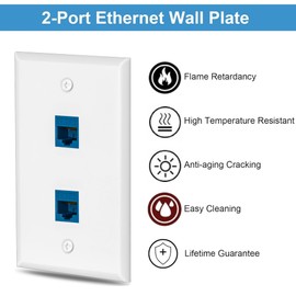 1 Pairs Ethernet Wall Plate Cat6 2 Port Keystone Jack Wall Plate with RJ45 Coupler Outlet Connector and Single Gang Low Voltage Mounting Bracket