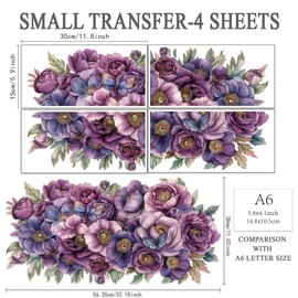 OLYCRAFT 4 Pieces/Set Flower Transfer Films for Rubbing on Furniture and Crafts 30 x 15 cm Purple Flowers Furniture Stickers Decor Butterfly Furniture Transfer Sticker with 1 Piece Scraper