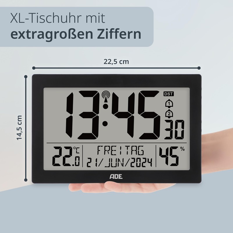 ADE Digital Radio-Controlled Clock with Large XL Display Calendar with