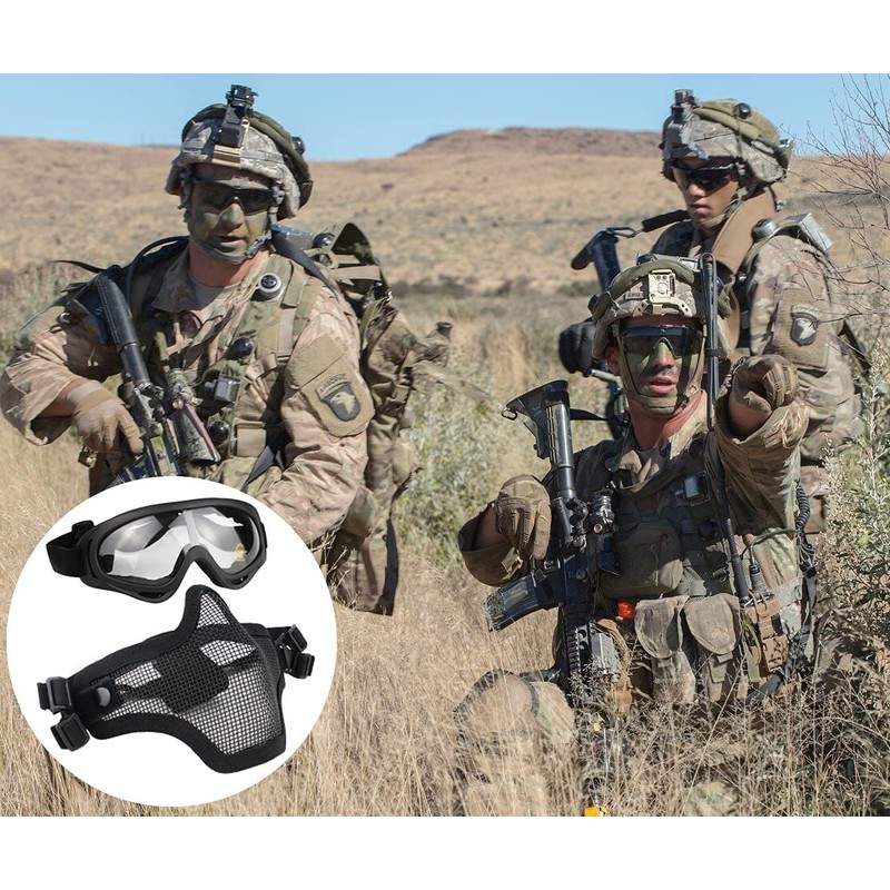 AOUTACC Airsoft Mask and Goggles Set, Half Face Full Steel
