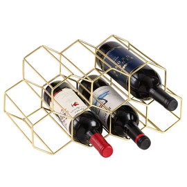 9 Bottles Metal Wine Rack, Countertop Free-Stand Wine Storage Holder, Space Saver Protector for Red & White Wines - Gold