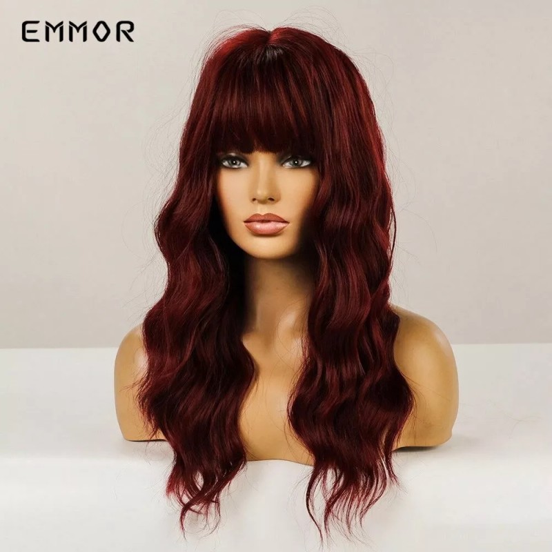 Emmor Moda Larga Ondulada Vino Pelucas Rojas Con Flequillo For
