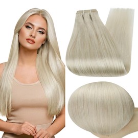 Full Shine Sew in Hair Extensions Real Human Hair Blonde Remy Hair Extensions Soft Straight Hair Extensions Bundles Human Hair Invisible Double Weft Hair Extensions for Women 14 Inch 100 Grams
