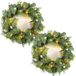 FineCheer 2 Pcs 28.5 Inch Lit Faux Eucalyptus and Pine Wreath with Lights Artificial Eucalyptus Leaves Wreath Spring Green Eucalyptus Wreath for Front Door Christmas Window Mantle Wedding Home Decor