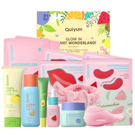 QUIYUM Obst Hautpflege Set, 14 teiliges Gesichtspflege Set für Damen mit Reiniger, Toner, Serum, Augencreme, Feuchtigkeitscreme, Gesichtsmaske, Gesichtsbürste und Stirnband