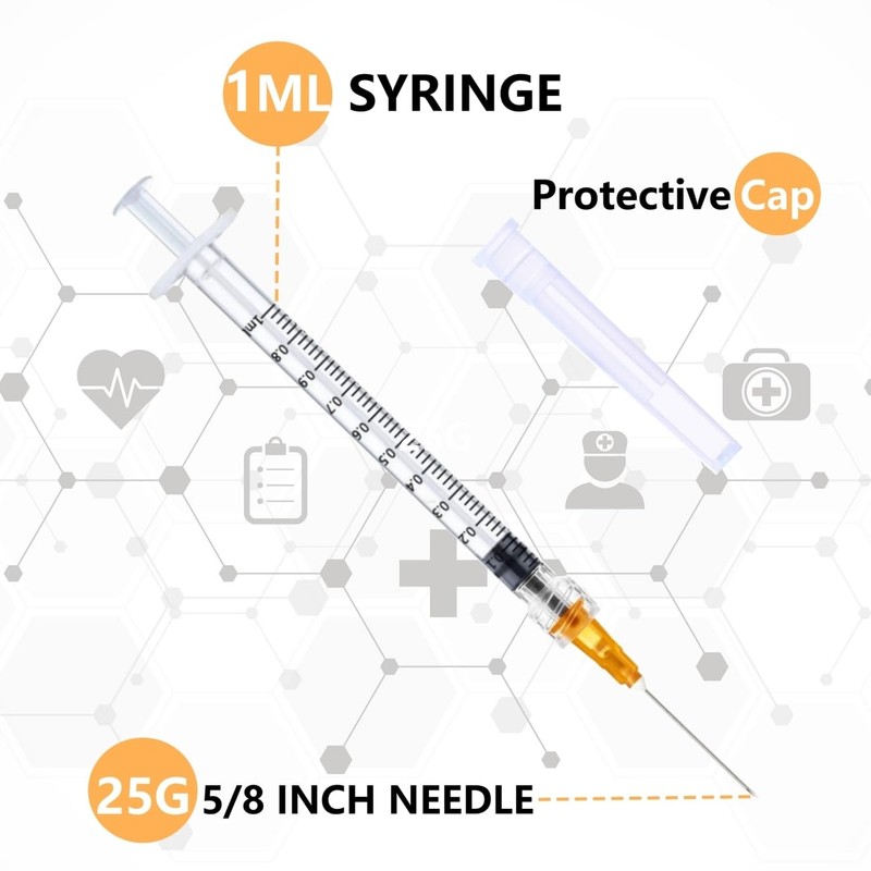 1ml Syringes with Needles 25G 5/8 inch, Lab Sample Injection