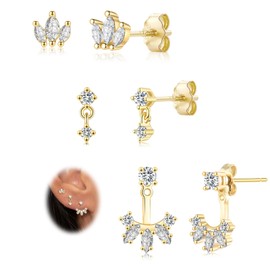 EPIRORA Gold Earrings for Women, 3 Pairs 14K Gold Plated Cubic Zirconia Stud Earring Set, Trendy Cute Small Cartilage Earrings for Multiple Piercing
