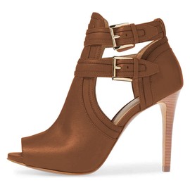 XYD Women Peep Toe Ankle Bootie High Heels Buckled Double Straps Cutout Fashion Pumps Night Club Party Shoes Brown Size 10
