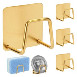 4 Pcs Adhesive Sponge Holder for Kitchen Sink Essentials,No Drilling.Stainless Steel Small Dish Sponge Holder for Sink Counter,Dish Sponge and Brush Organization Holder.Rustproof and Waterproof,Gold