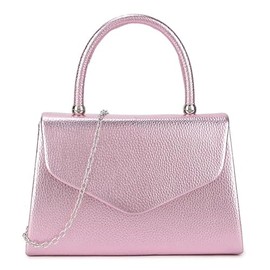Faux Leather Plain Tote Style Top Handle Bridal Prom Wedding Evening Clutch Party Purse Hand Bag (Metallic Pink)