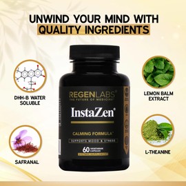 InstaZen Natural Stress Relief Supplement – Mood Support with Doctor Approved Herbal Calm Formula with DHHB, Safranal Extract, L Theanine, & Lemon Balm Extract | Stress & Energy Support - 60 Capsules